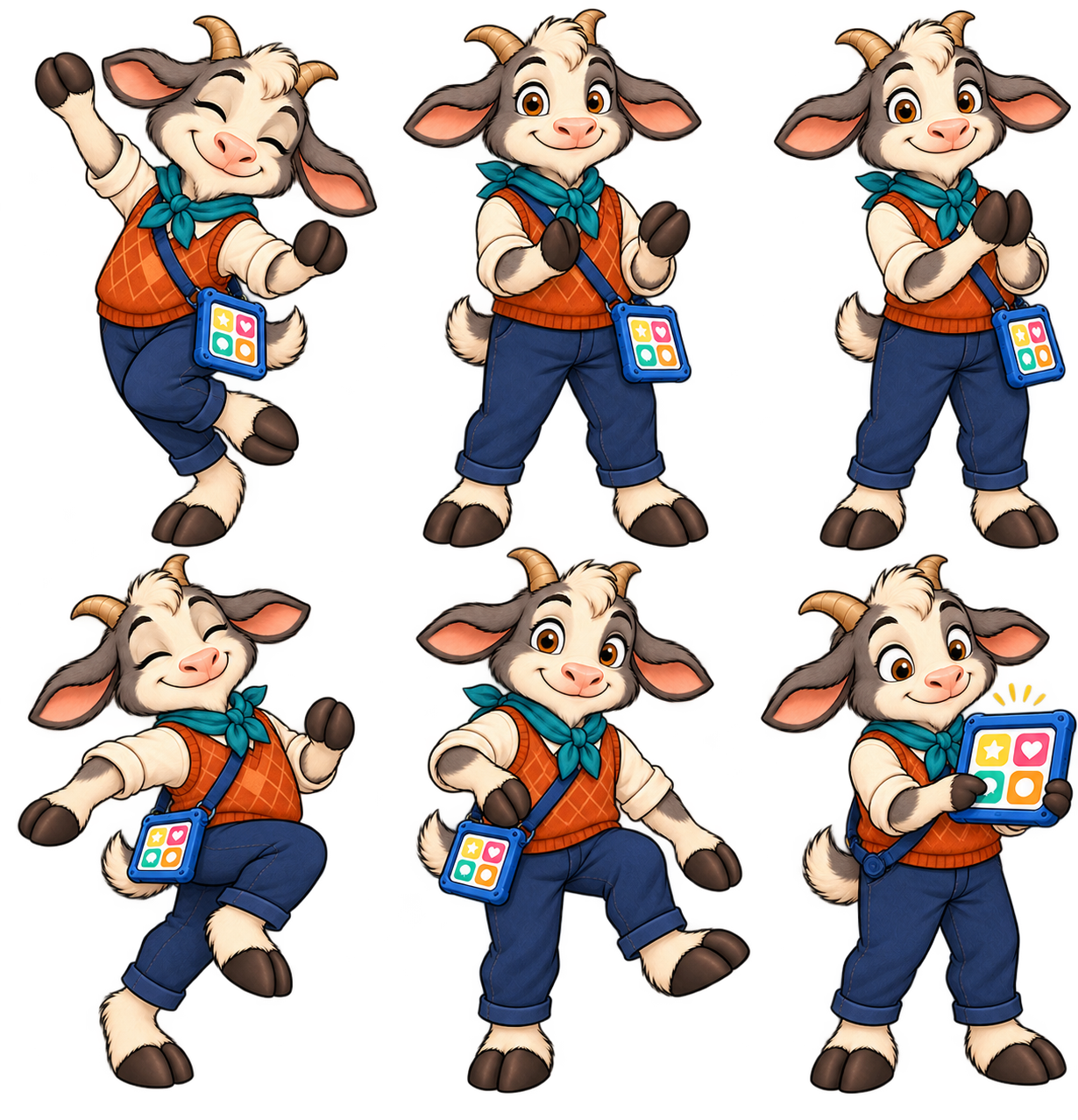 Gus the goat with teal neckerchief and blue speech tablet