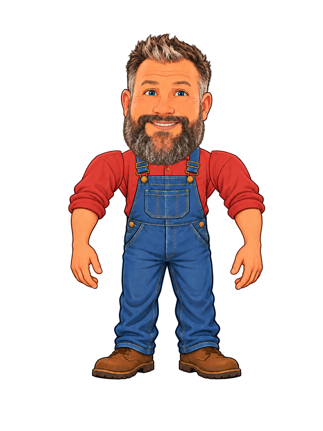 Farmer Jed smiling, with blue eyes, red shirt, and denim overalls