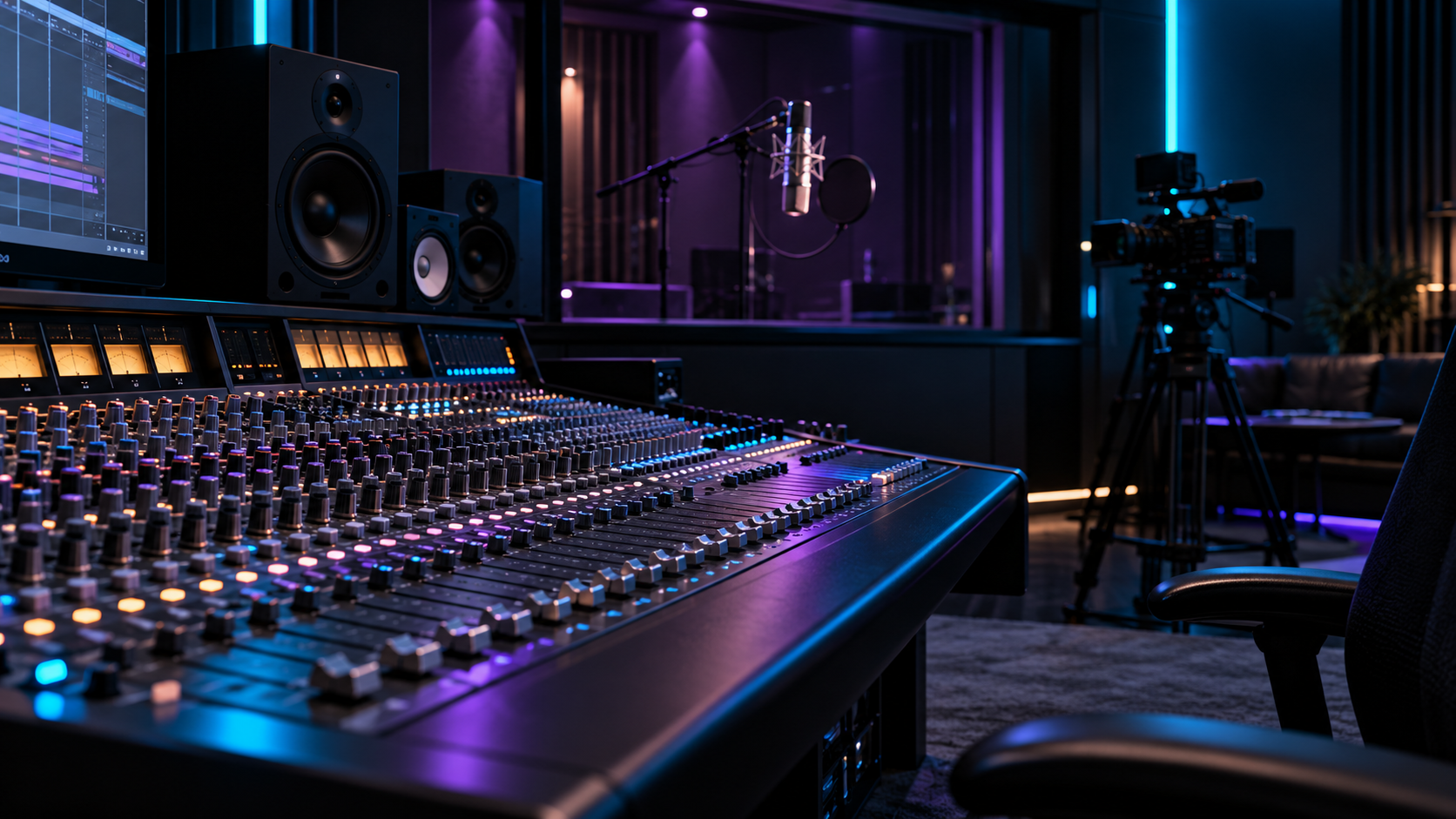 A recording studio mixing console illuminated by violet and cyan light
